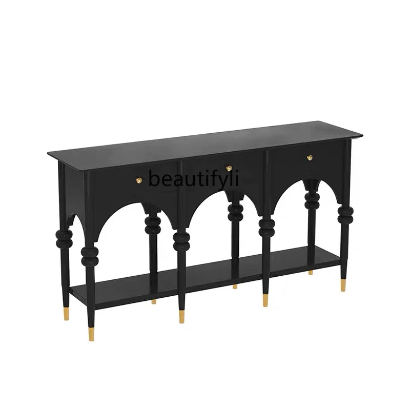 

American Light Luxury Solid Wood Console Tables Living Room Console Black Foyer Locker Entrance Cabinet