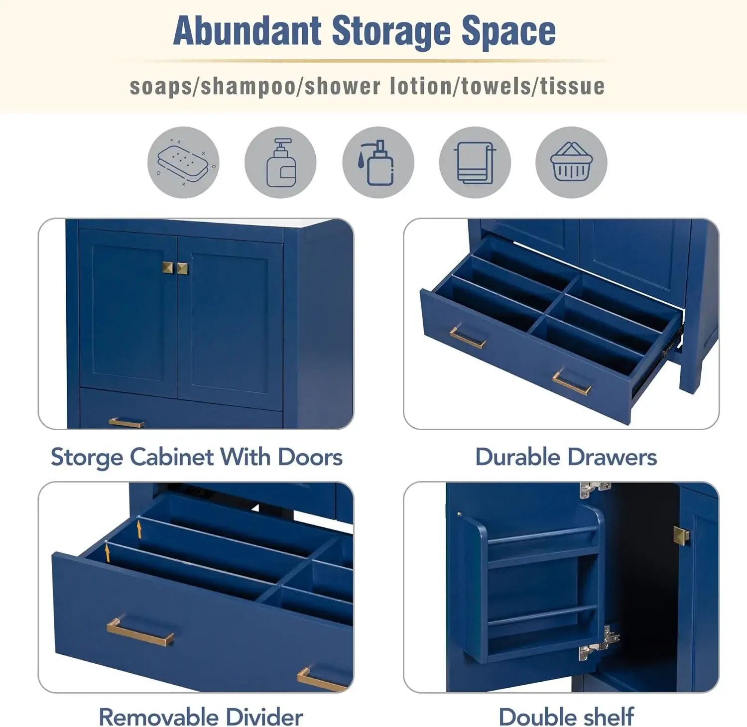 Bathroom Vanity with Sink 30 inch, Bathroom Storage Cabinet with 2 Doors and a Drawer, Bathroom Sink Multifunctional Storage 6