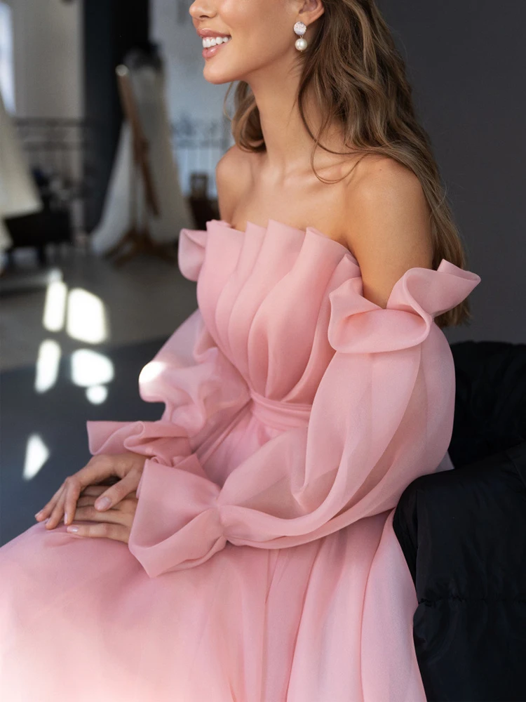 Fora do Ombro Vestidos de Baile Dama de Honra Vestidos de Noite Nova Chegada Rosa Tea-length Sexy Longo Mangas Compridas Plissado Strapless Robe 2022 3 Computers & Electronics