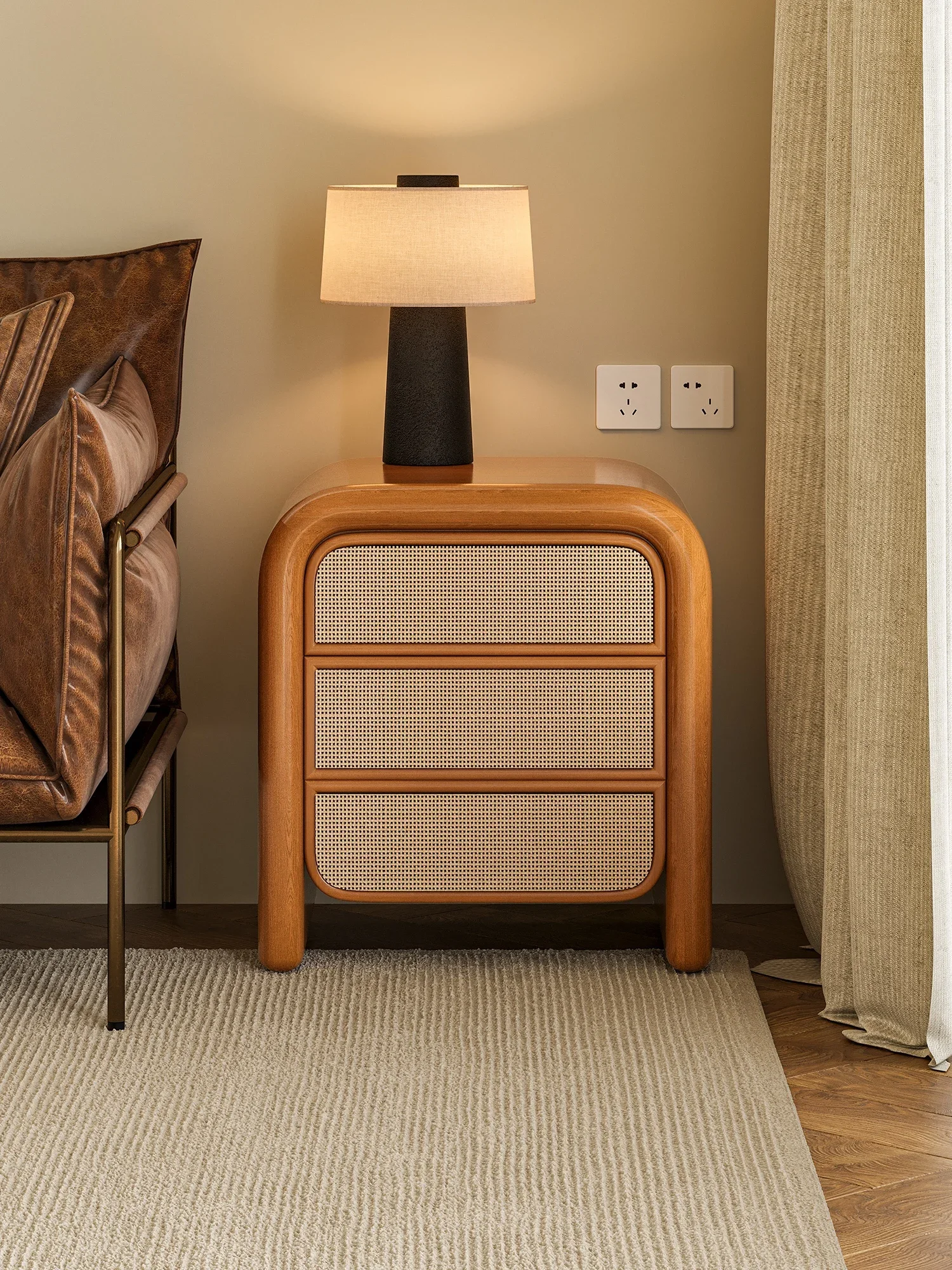 

Japanese Retro Solid Wood Bedside Cabinet Simple Bedroom Rattan Small Cabinet Storage Storage Bed Side Cabinet