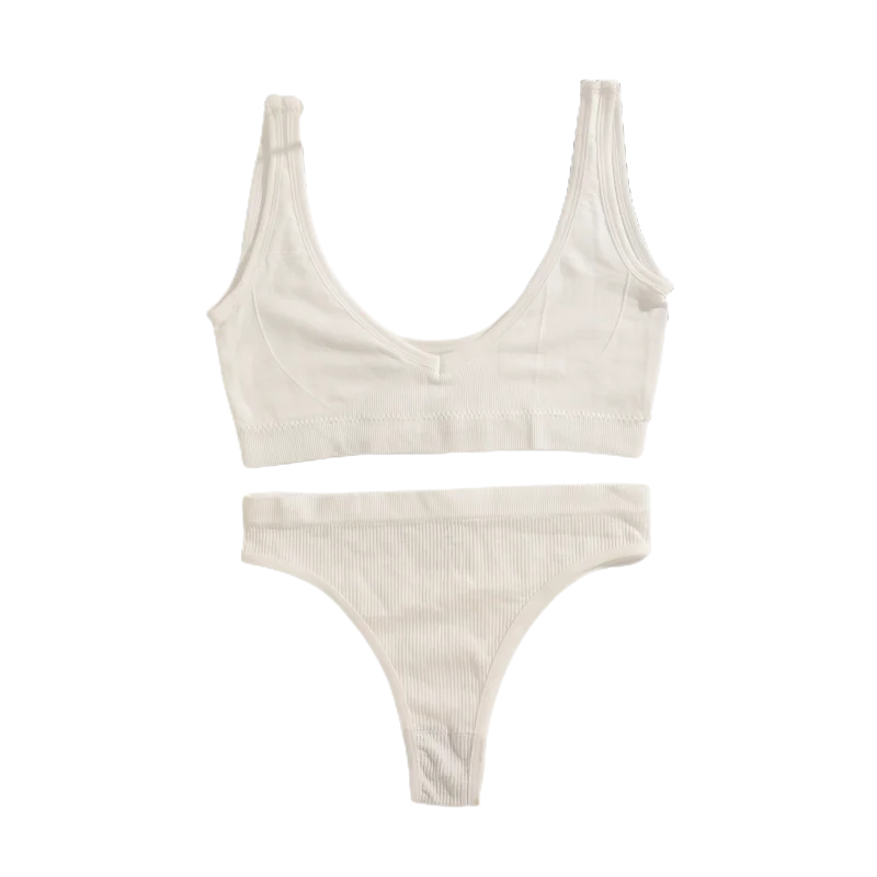 Seamless Bras Set Women Vneck Bralette Top Low Waist Thong Panties Wireless Brassiere Sexy Lingerie Set Female Ribbed_voghion.com