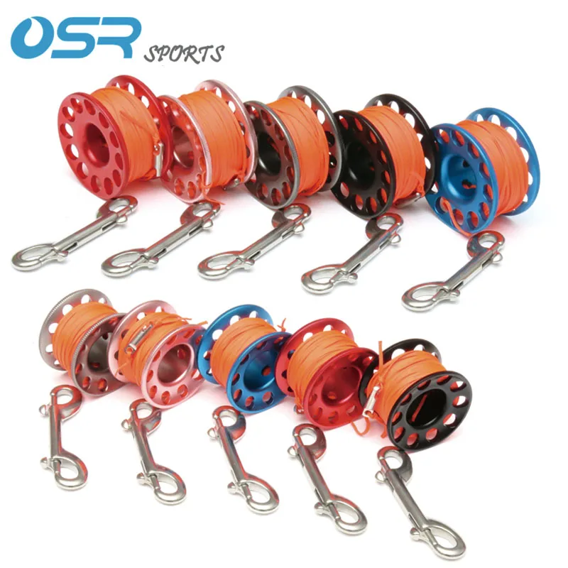 Scuba diving Aluminum Reel with 15m 30m orange flat rope with 90mm 316 stainless steel double end snap hook and twist protector