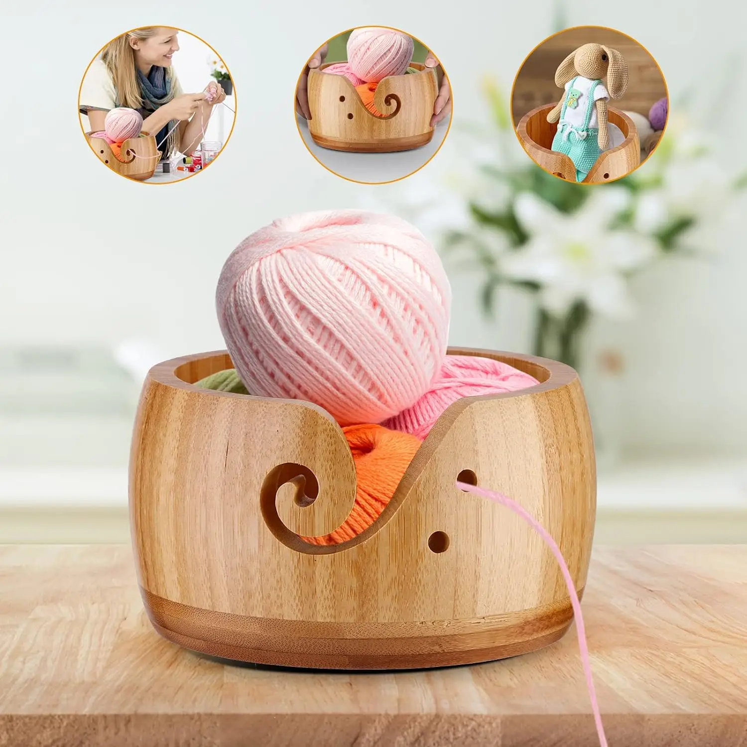 Wooden Yarn Bowl With Lid Handmade Woven Round Wool Storage Bowl For  Knitting Needle Storage Holder And Crochet Sewing Supplies - AliExpress