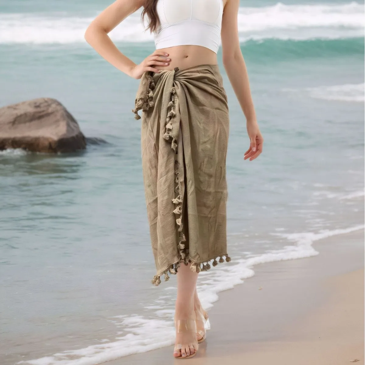 Women's Sexy Sheer Tassel Trim Knot Side Bikini Cover Ups Beachwear Sarongs Beach Wrap Quick-drying Chiffon Bikini Cover-Ups 3