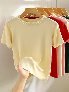 2025 كوريا محبوك تي شيرت المرأة الأعلى الصلبة تانك Y2K الصيف موضة جديدة الإناث أكمام الديكور بلوزات رقيقة عادية أسود أبيض