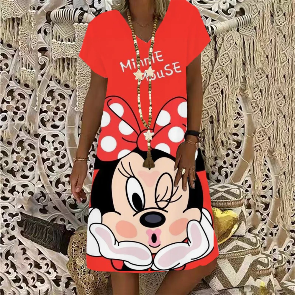 

Summer Women's Disney Minnie Mickey Dresses Cute Cartoon Print Dress V-Neck Fashion Design New Casual Women's Knee Length Skirt
