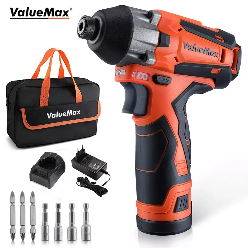 ValueMax 100N.m Electric Drill Screwdriver 1/4” Hex Cordless Impact Driver Kit 12V Lithium-ion Power Tool fast charging