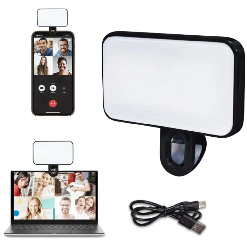 Portable LED Video Light Portable Mini Selfie Fill Light Rechargeable 3 Modes Adjustable Brightness Clip On for Phone Laptop Tablet Meeting Make Up