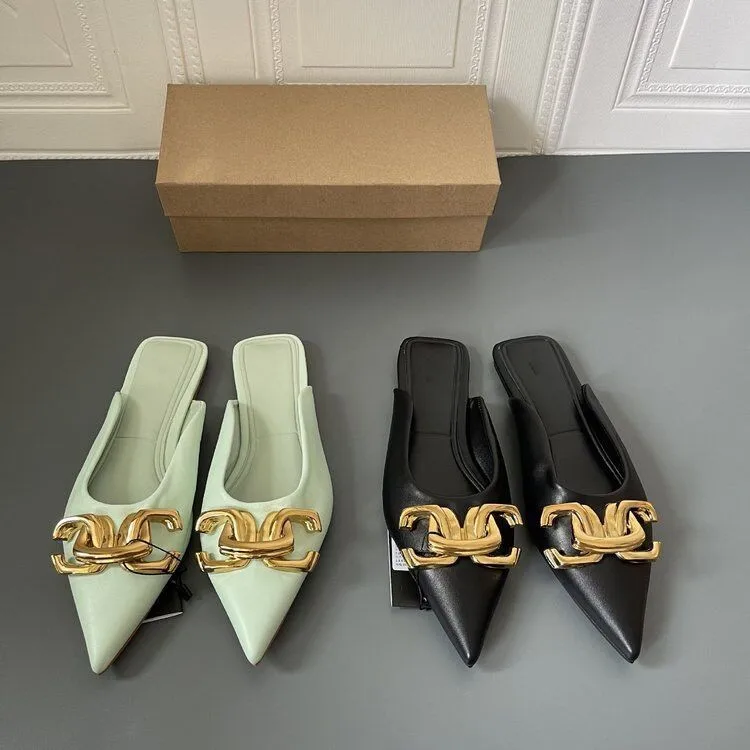 

Spring Women's Mules Shoes Pointed Toe Low Heel Women's Slippers Summer Metal Buckle Female Sandals Casual Shoes Purple Green