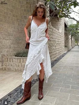Oymimi eleganti abiti di pizzo bianco 2025 donna casual cinturino per spaghetti abiti aperti sul retro abito estivo con lacci increspato streetwear