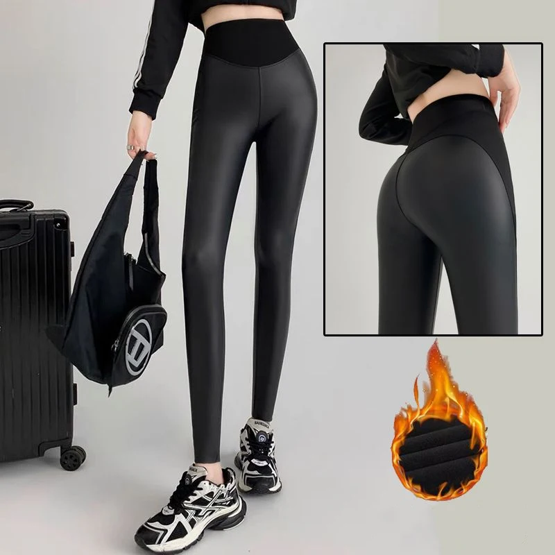 

Эластичные облегающие брюки с высокой талией, женские матовые тонкие бархатные черные лоскутные брюки из ПУ кожи, новинка 2023, осенне-зимние спортивные брюки