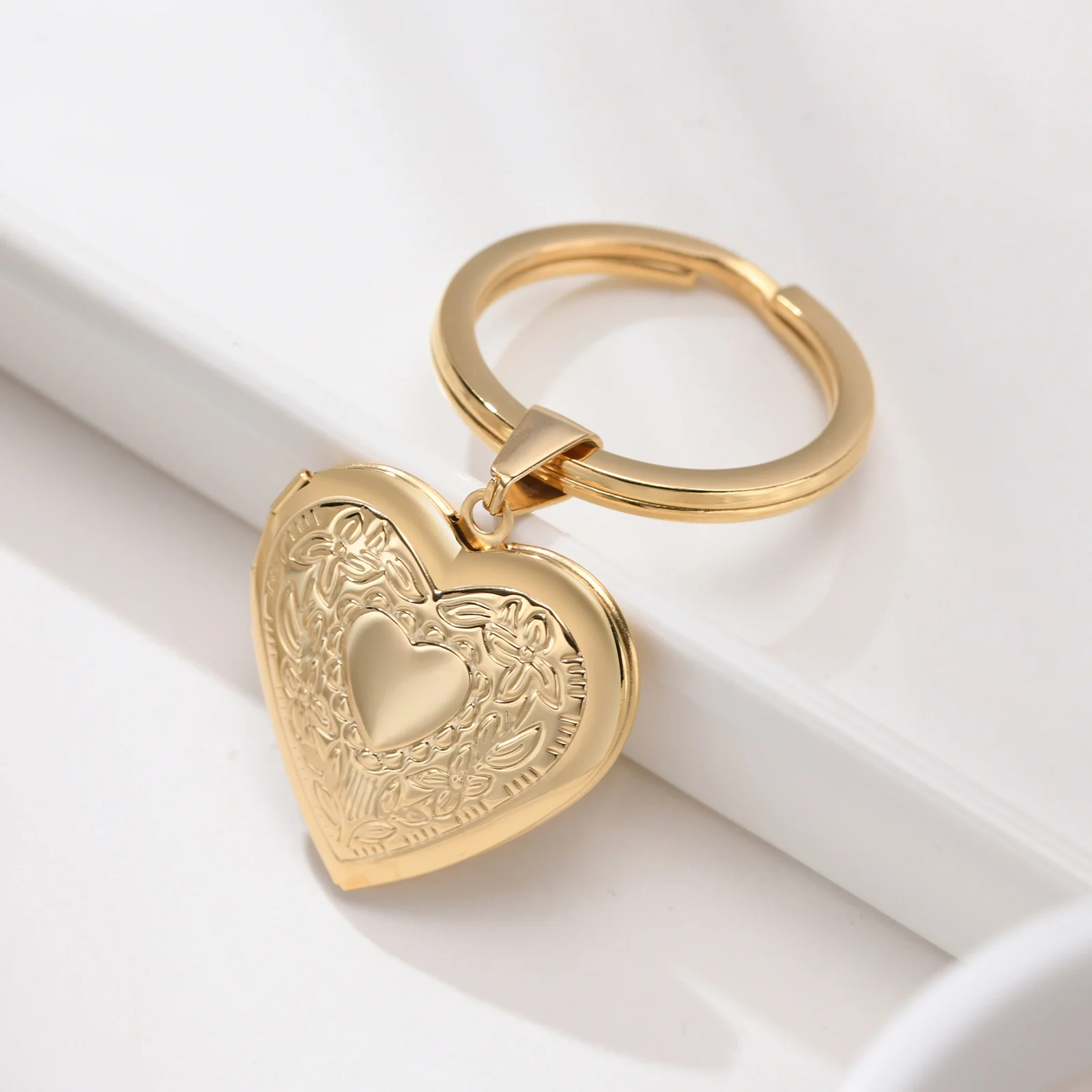 Gold Color Heart Keychain, Photo and Text Engraved, Stainless
