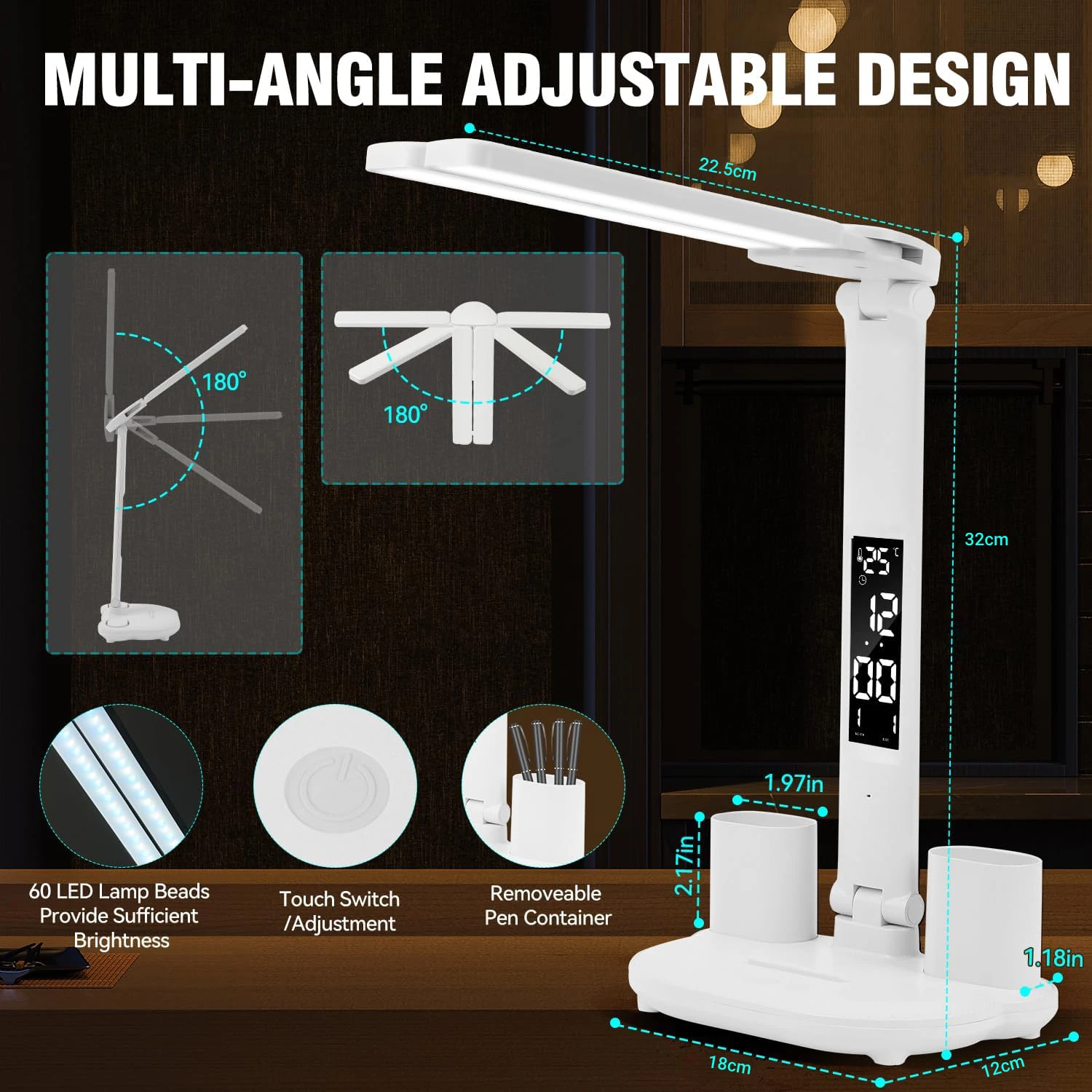 Desk Lamp USB LED Clock Dimmable Desk Lamp 2 Heads 180 Degree Rotation Foldable Desktop Reading Night Light Eye Protection