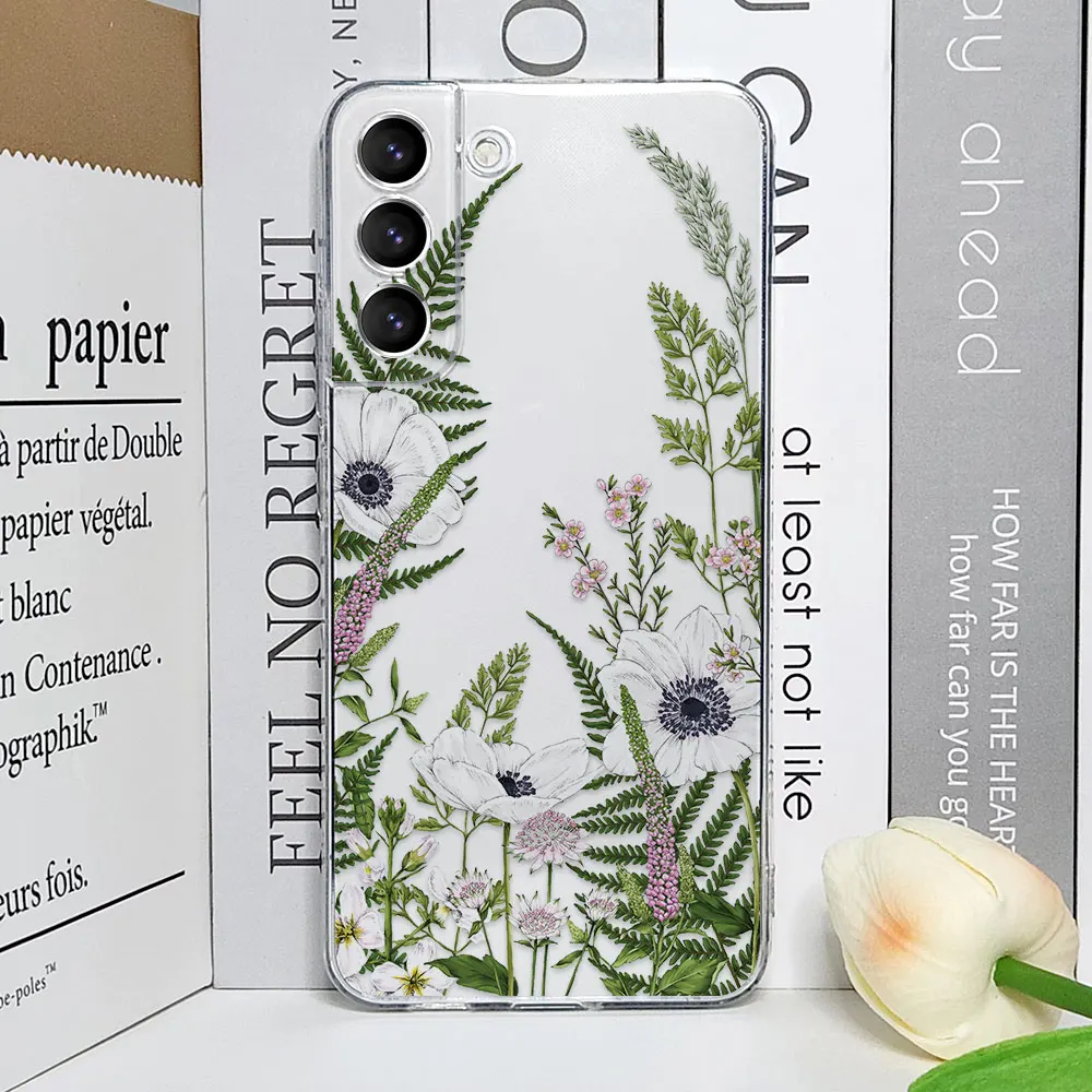 Floral Palm Leaf Painted Transparent Phone Case - Soft Cover with Flower Design