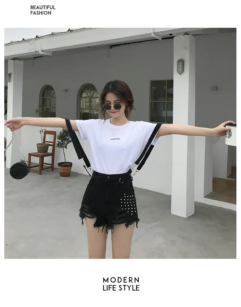 Summer Women Beading Shoulder  Strap Rivet Raw Fringe Denim Shorts Hole Skinny Sexy Female Hole  Black Beggars Jeans Short Jb89 white shorts