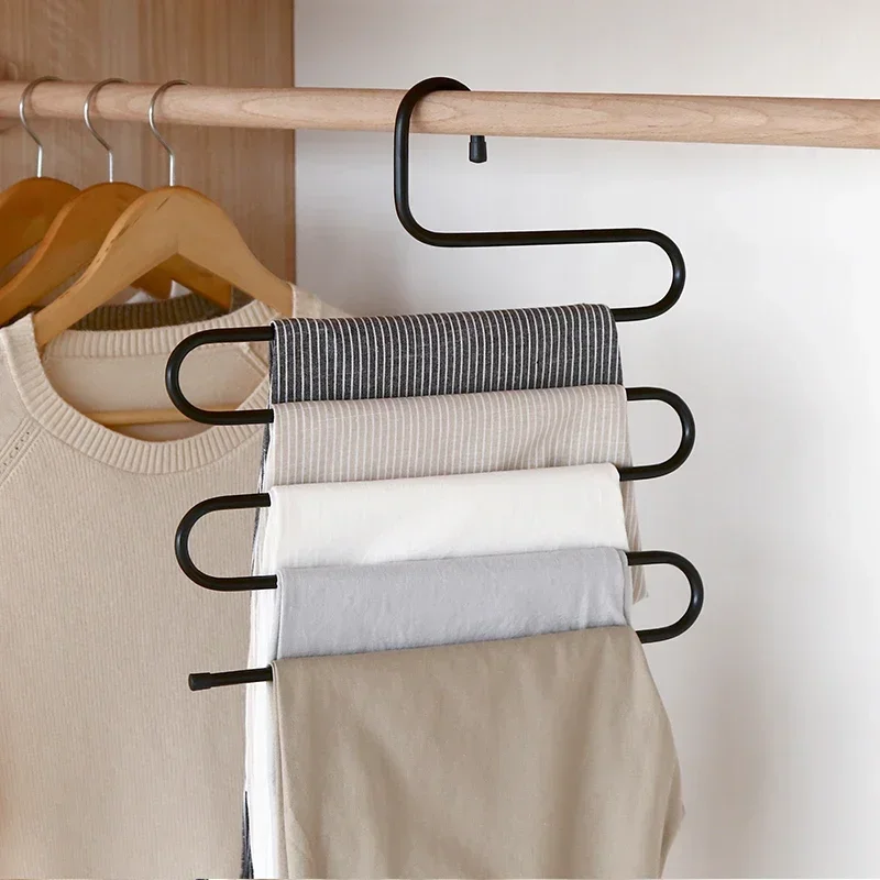 Pants Rack 5 Layers S-shaped Pants Hanger Multifunctional Anti-skid Stainless Steel Pants Rack Wardrobe Storage Scarf Rack lron Rack