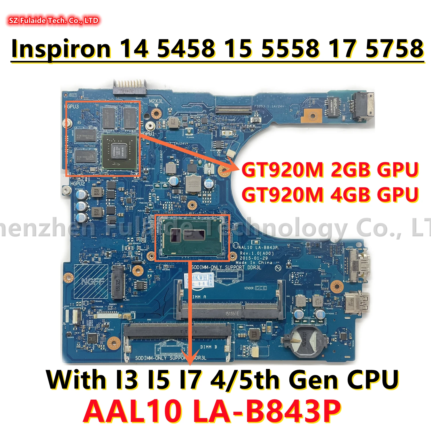 

AAL10 LA-B843P For dell Inspiron 14 5458 15 5558 17 5758 Laptop Motherboard I3 I5 I7 4/5th Gen CPU GT920M 2GB/4GB GPU CN-01WHF7