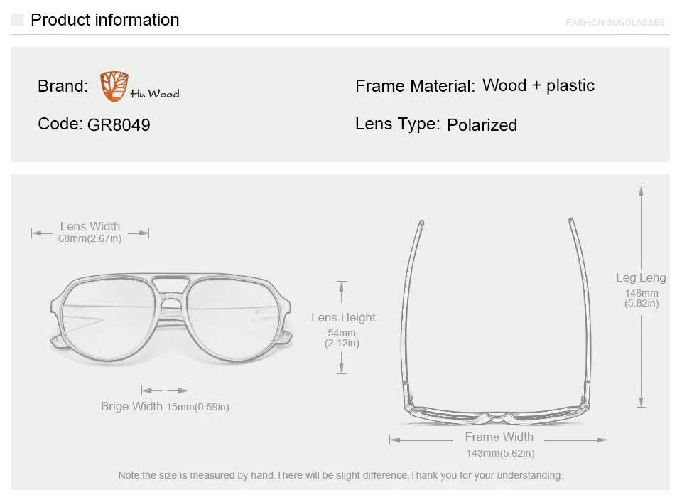 HU WOOD Polarisierte Sonnenbrille Männer Luxus Marke Vintage Gläser Neue Design Holz Pilot Sonnenbrille Fahren Gläser Stil GR8049 – Detail 3