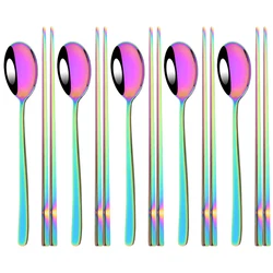 Elegant Stainless Steel Cutlery and Chopsticks Set - 10-Piece Dinnerware Collection (Rainbow)