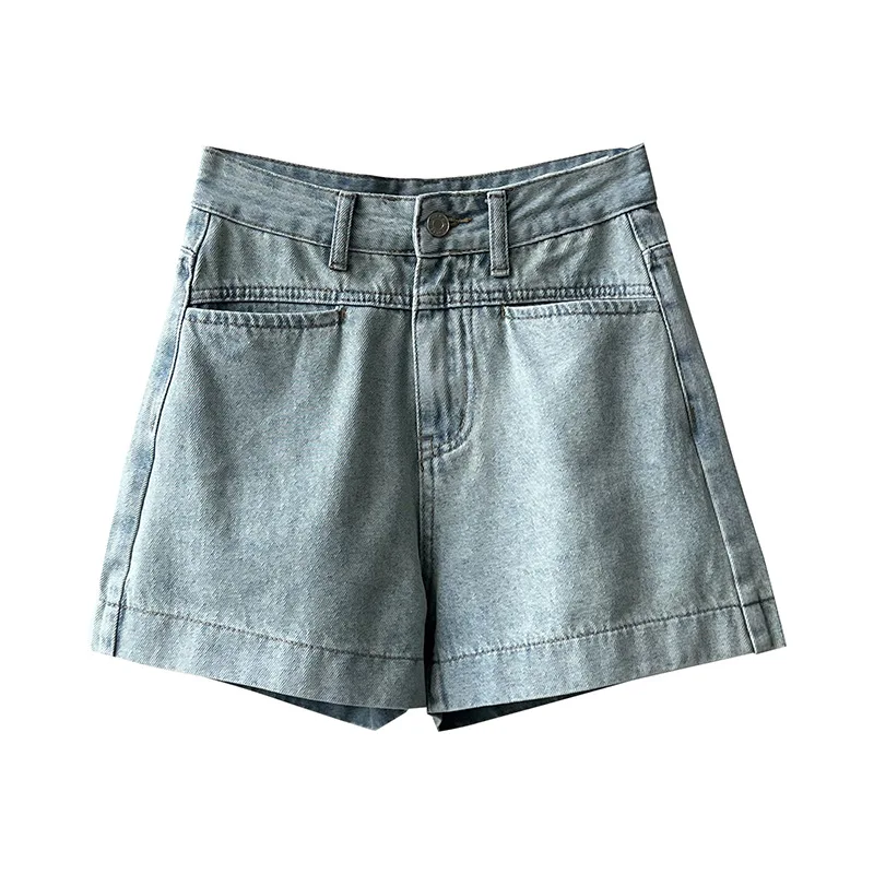 Women Clothing Retro High-waisted Pocket Denim Shorts 2024 Summer New Korean Style All-match Casual Simple Wide-leg Pants