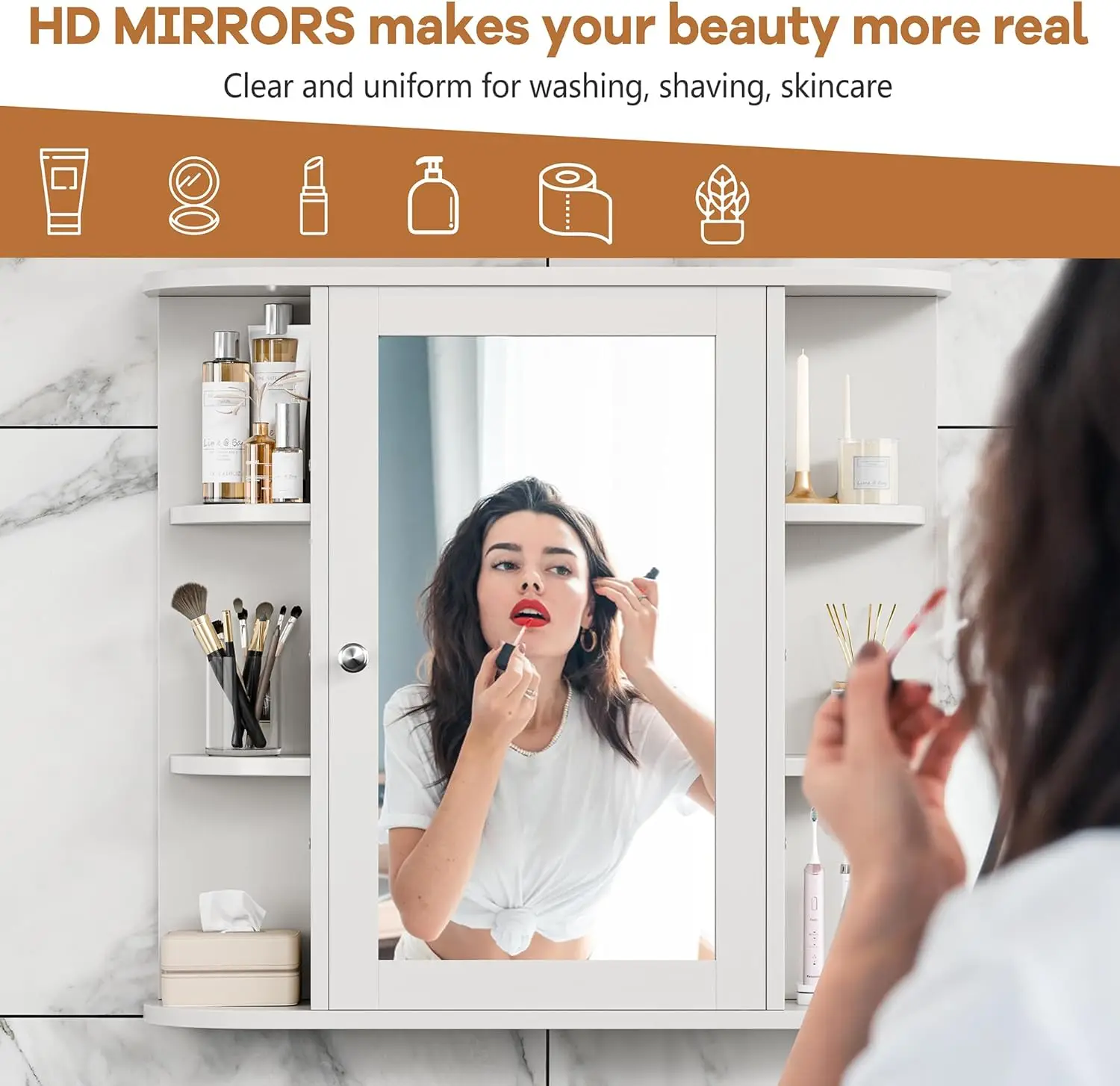 Bathroom Medicine Cabinet, Bathroom Mirror Cabinet Wall Mounted with 6 Side Open Shelves, White Wall Cabinet with Mirror, White