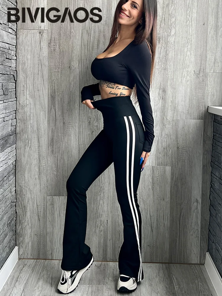 BIVIGAOS Striped Black Micro Flared Shark Pants Women High Waist