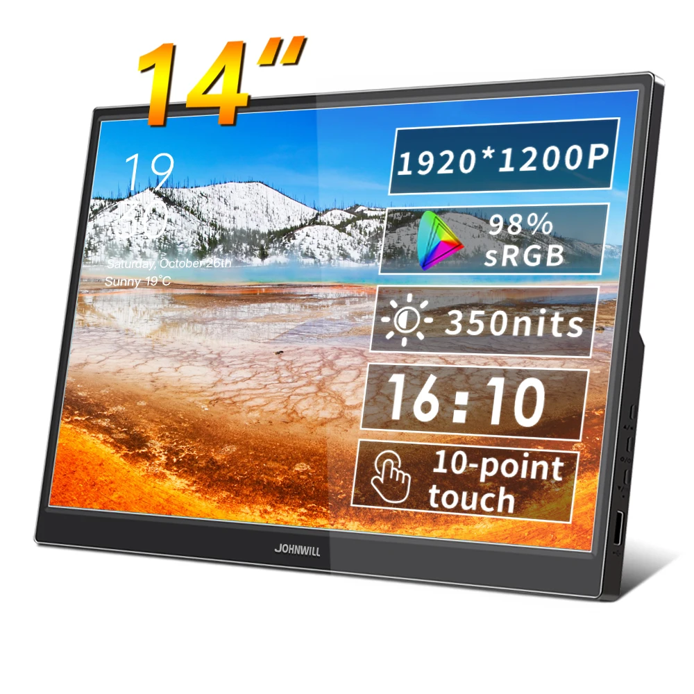 JOHNWILL-14노트북/PC/전화/Xbox/스위치/PS4/라즈베리 파이용 USB-C HDMI가 포함된 휴대용 모니터 터치스크린 IPS HDR 1920 x 1200P