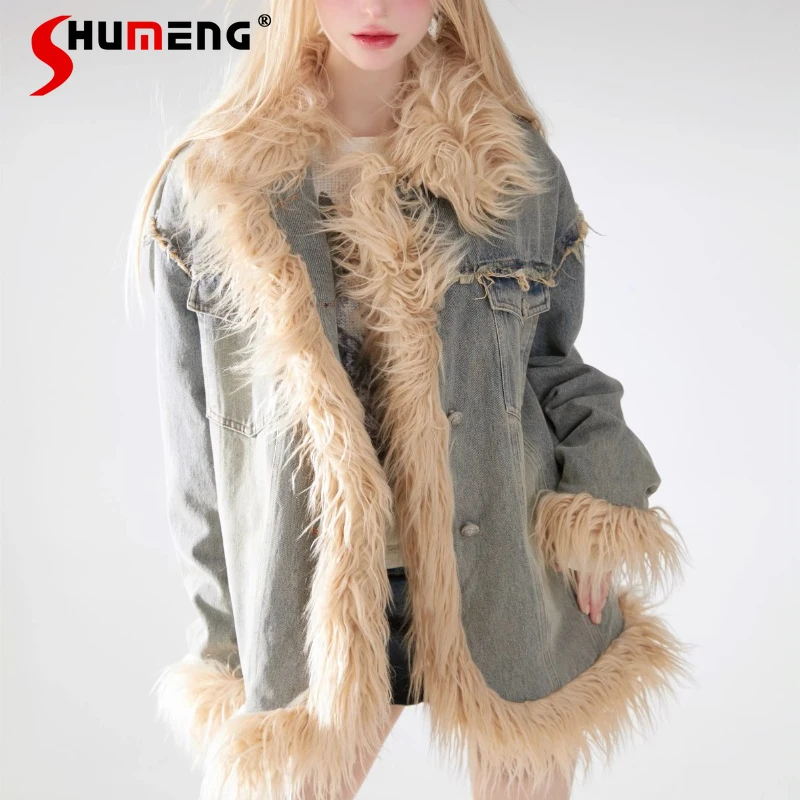 2023 New Autumn Winter Denim Fur Stitching Lamb Furry Coat Cotton-Padded Jacket Casual Loose Long Sleeved Top Chaqueta De Mujer