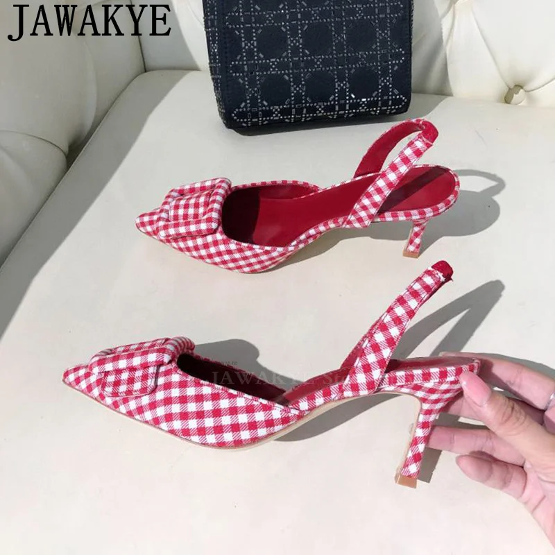 

Summer Pointy Wrap Toe High Heels Sandals Women Multicolour Chequer Pastoral Style Brand Sandal Ladies Sexy Dress Pumps Woman