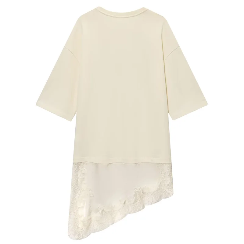 HXAO Braunes Spitzen-T-Shirt-Oberteil für Damen, Sommer, kurzärmelig, langes Damen-T-Shirt, asymmetrisch, locker, schwarz, cremefarben, Damen-T-Shirts – Detail 5