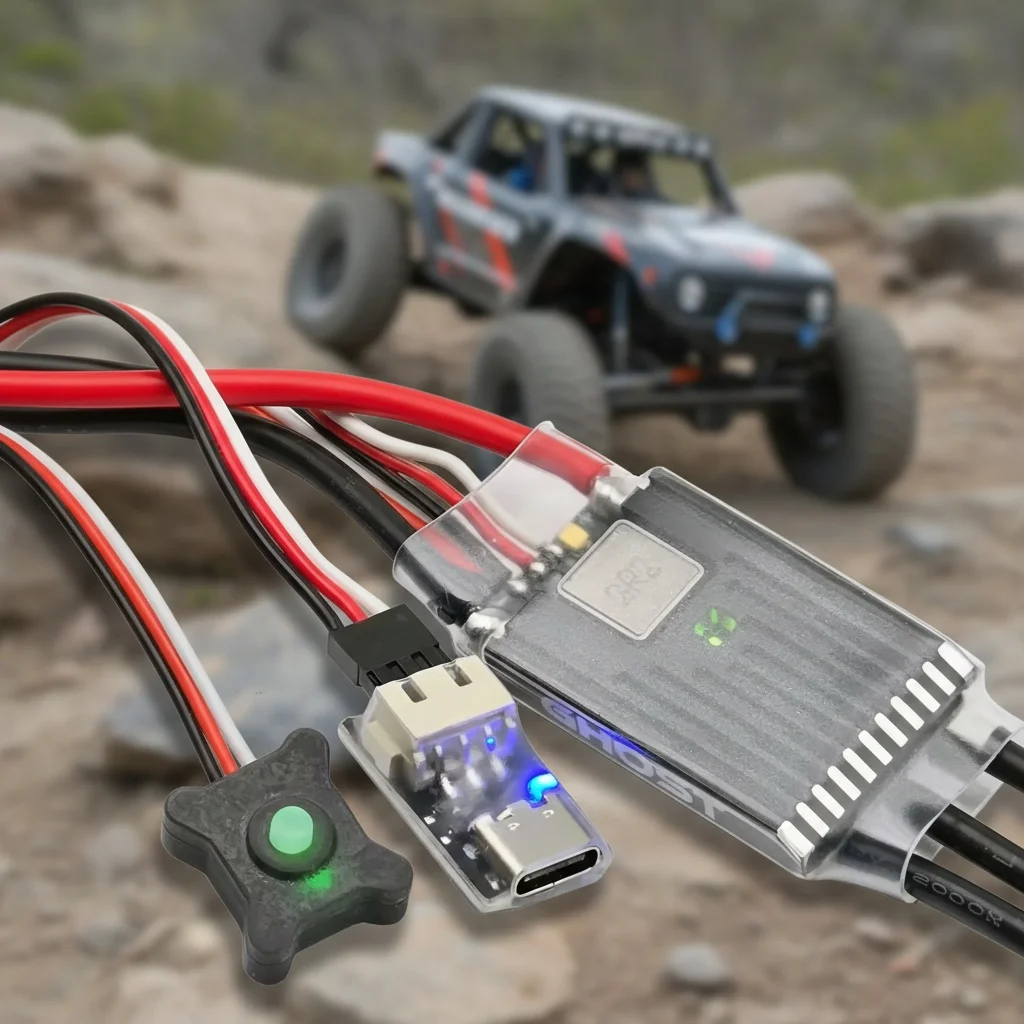 ESC GHOST 60A 2-8S pour Crawler RC - Programmable WiFi installé dans un châssis de crawler, câbles branchés