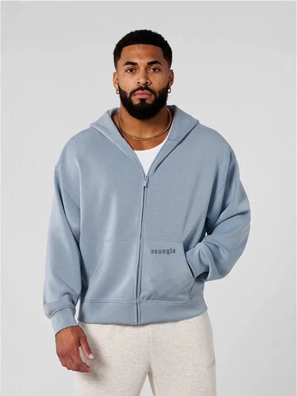 Luźna bluza bawełniana do treningu fitness, odzież sportowa męska, jesienno-zimowa odzież wierzchnia, zapinana na zamek, casualowa moda młodzieżowa.