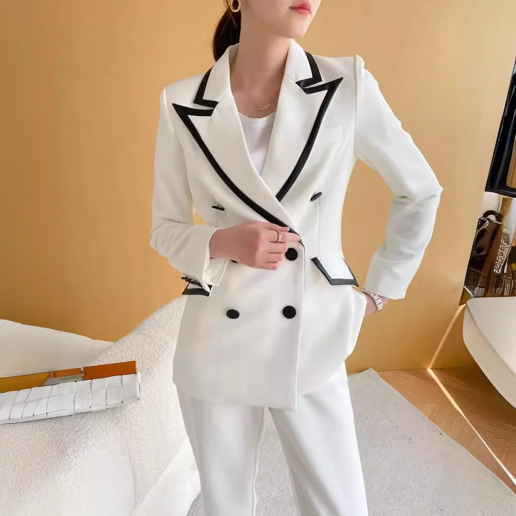 White Women's Outfits 2024 Autumn New High-End Fashionable Lapel Double Breasted Suit Pants Temperament Commute Two-Piece Set