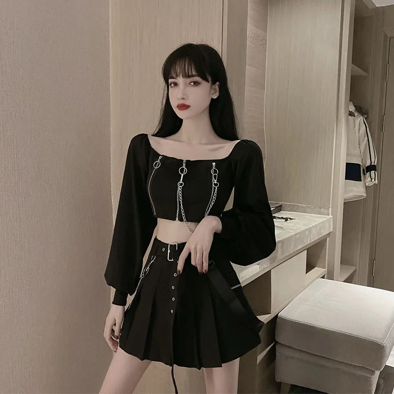 

Блузка женская с длинным рукавом, пикантная короткая приталенная рубашка в стиле панк, с квадратным воротником, на молнии, в готическом стиле, Черная