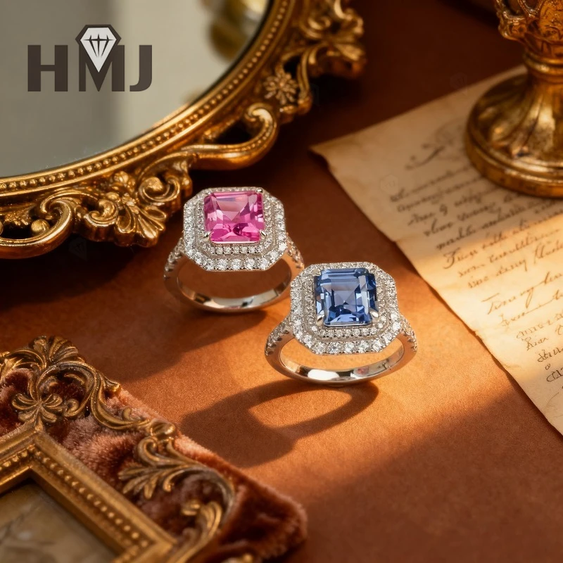 Labor-gezüchtete Kolumbianische Smaragd/Saphir/Rubin Ringe aus 925 Sterling Silber im Asscher-Schliff, Edle Schmuckgeschenke für Frauen zum Jahrestag – Detail 9