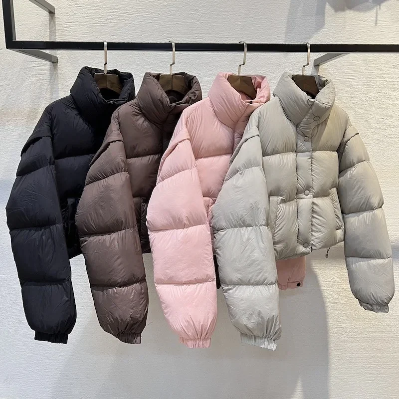 

Solid Color Standing Collar Women's Down Jacket with Removable Sleeves White Goose Down Bread Jacket Winter Zipper Short Jacket