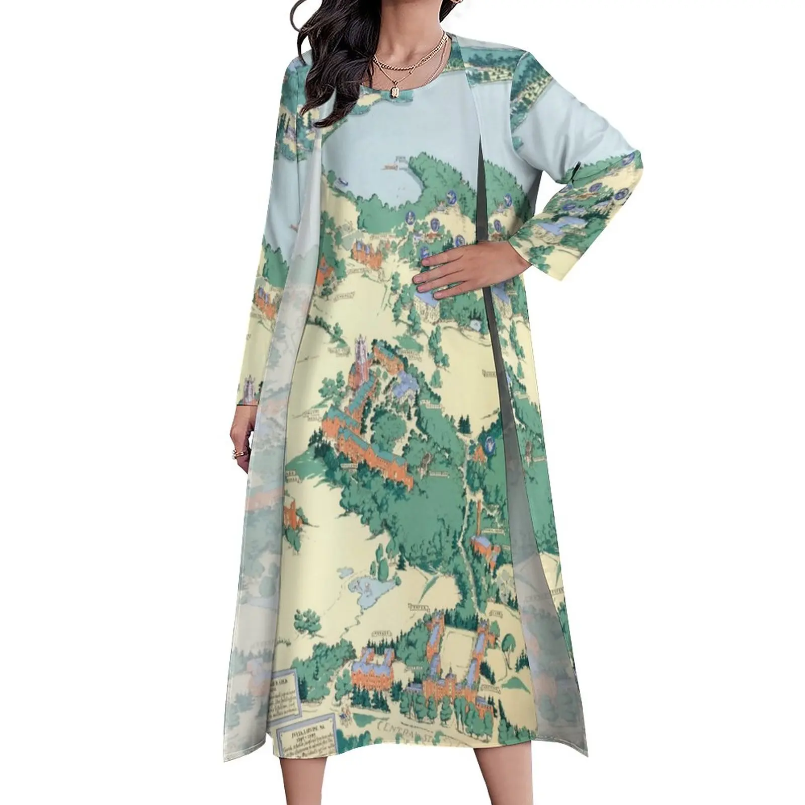 

Vintage Map Dress WELLESLEY College Print Party Maxi Dress Streetwear Bohemia Long Dresses Autumn Two Piece Custom Vestidos
