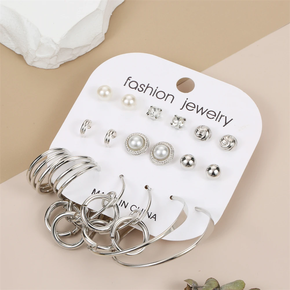 

9 Pairs/sets Charm Jewelry Crystal Earrings for Women Vintage Women Circle Stud Earrings Sets Pendientes Mujer