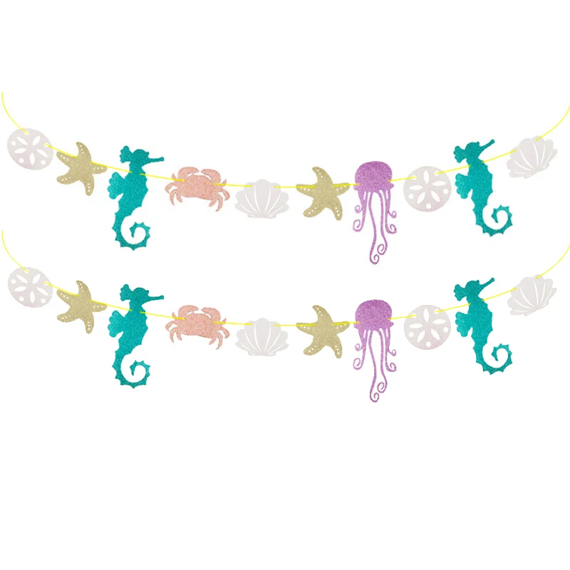 

Mermaid pull flag glitter seahorse jellyfish crab glitter paper pull flower ocean theme birthday party pull flag decoration