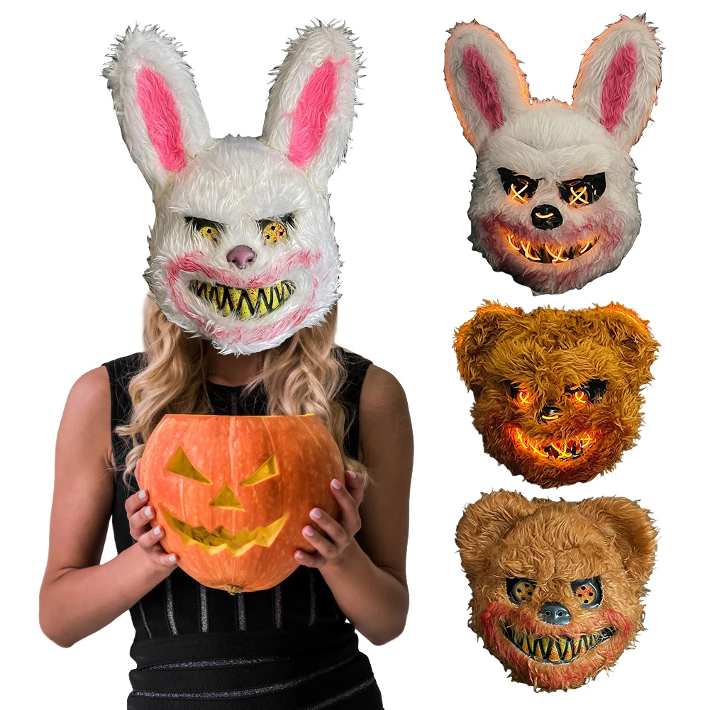 Bloody Plush Animal Head Mask Halloween LED Bloody Plush Bunny Mask with LED Lights Scream Mask Cosplay Costume Party Decoration