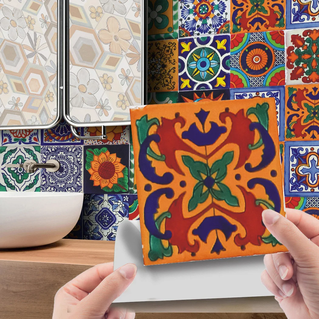 

24Pcs Vintage Self-Stick Wall Sticker PVC Waterproof Bathroom Kitchen Tile Decal Wall Mandala Flower Decal Wall Paper 10x10cm