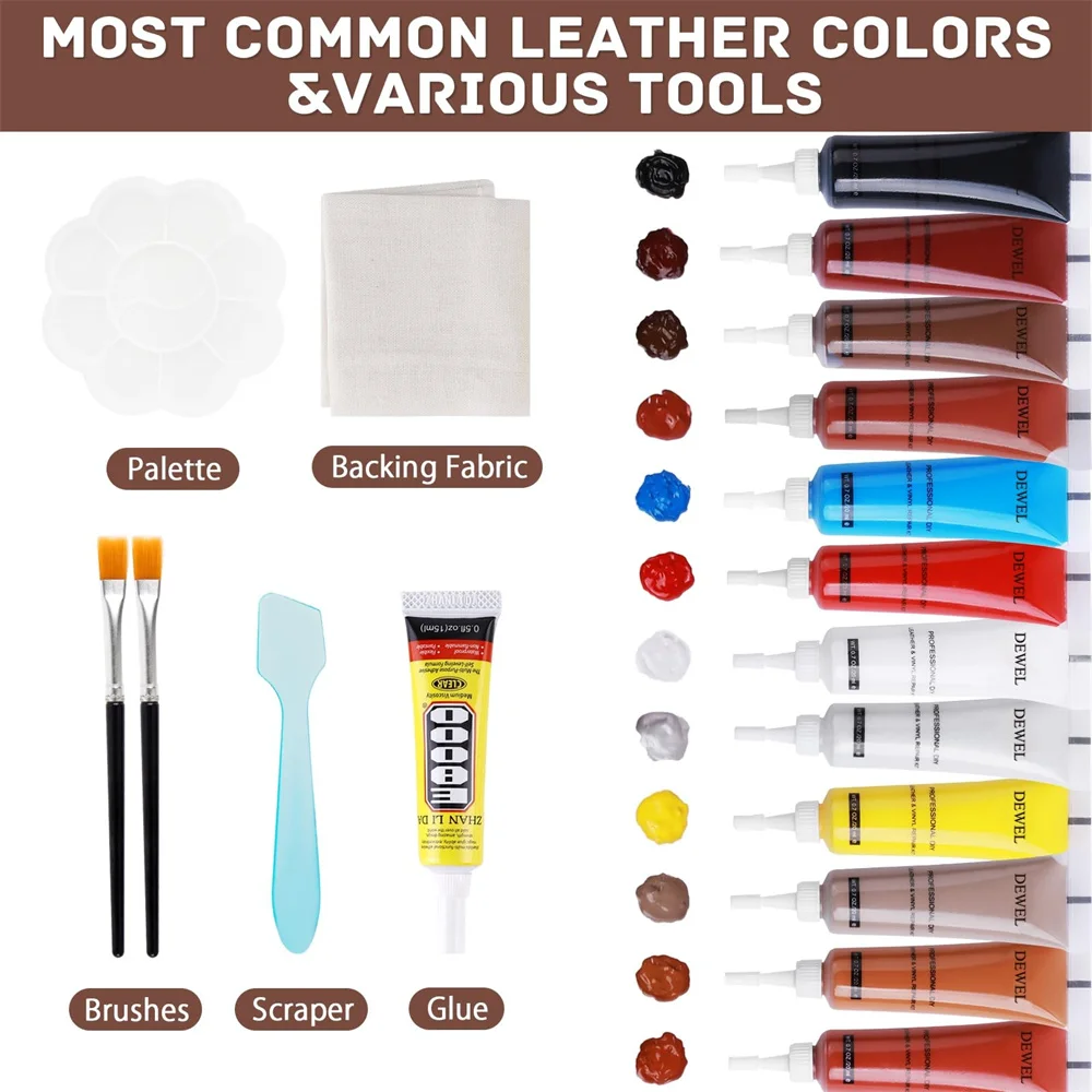 DEWEL Leather Repair Kit Furniture Couches Car Seat and Purse 12 Colors Professional Advanced Leather Repair Paste Glue & Tools