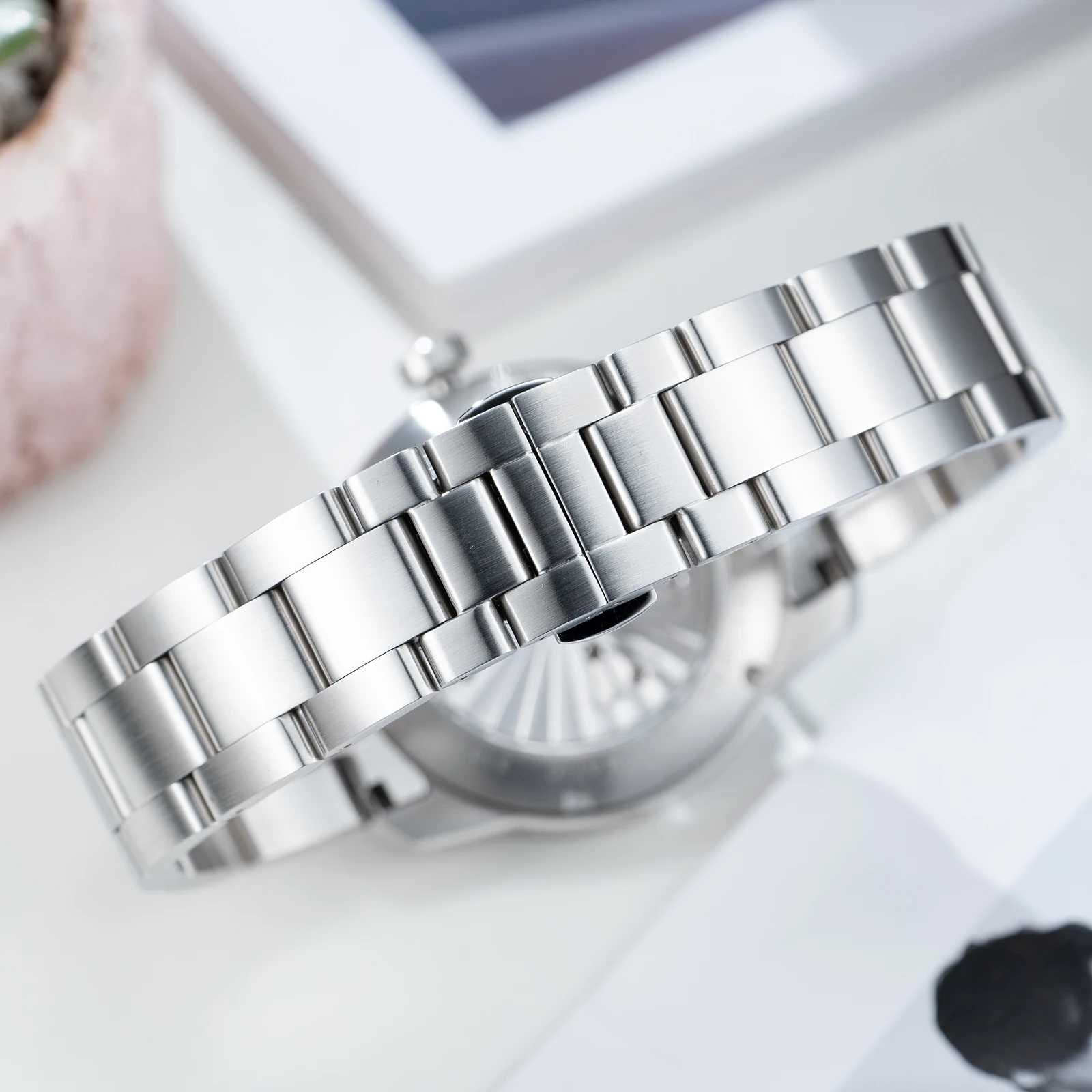 Oblvo-男性用自動巻き時計,ステンレススチール,透明なケースバック