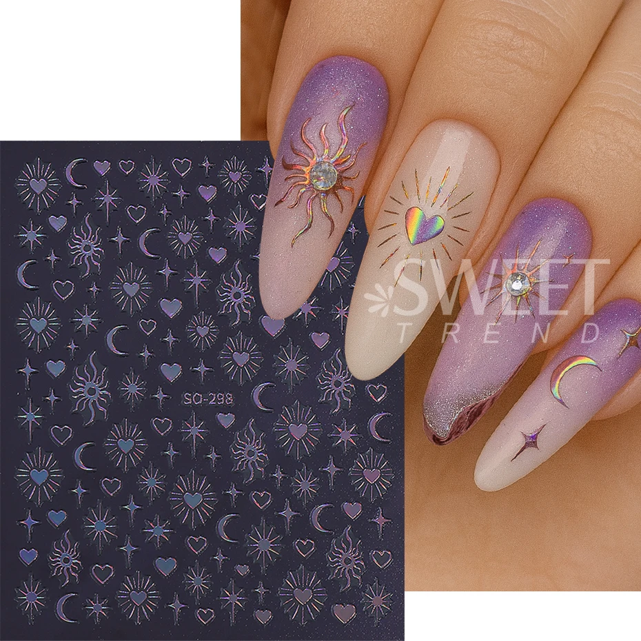 6pcs Gold Silver Laser Star Moon Nail Sticker Y2K Metal Love Heart Self-adhesive Nail Decals Bohemian Manicure Decoration Slider