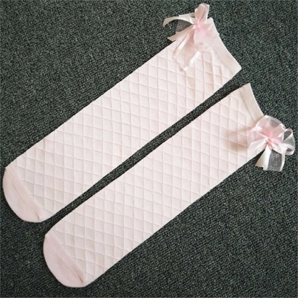 Kids Socks Fall Tube Rhombus Lattice Girl princess cotton lace bowknot thin 100% knee high above long