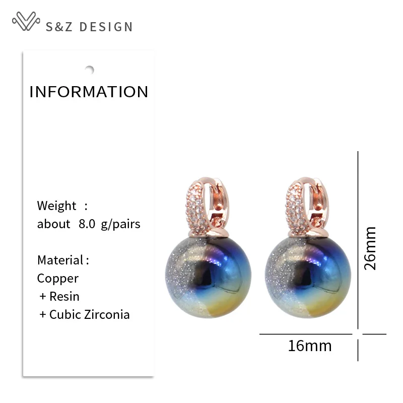 S&Z DESIGN New Fashion Round Colorful Beads Dangle Earrings For Women Wedding 585 Rose Gold Color Jewelry Cubic Zirconia Eardrop