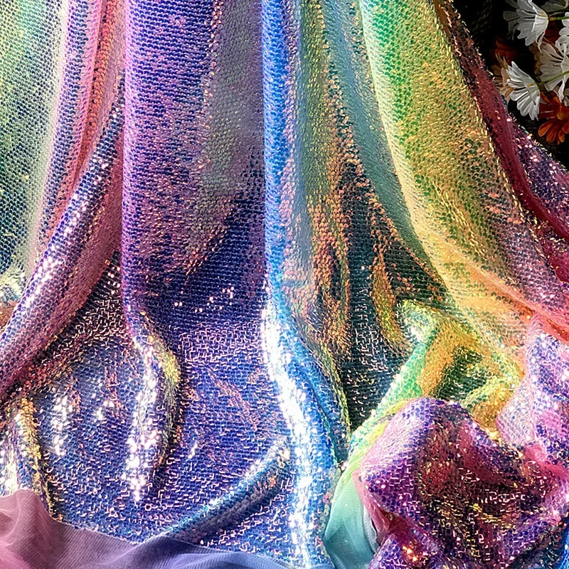 Gradient Rainbow Sequin Fish Scale Fabric Dress Suit DIY Sewing Craft Clothing Supplies 130cm Width