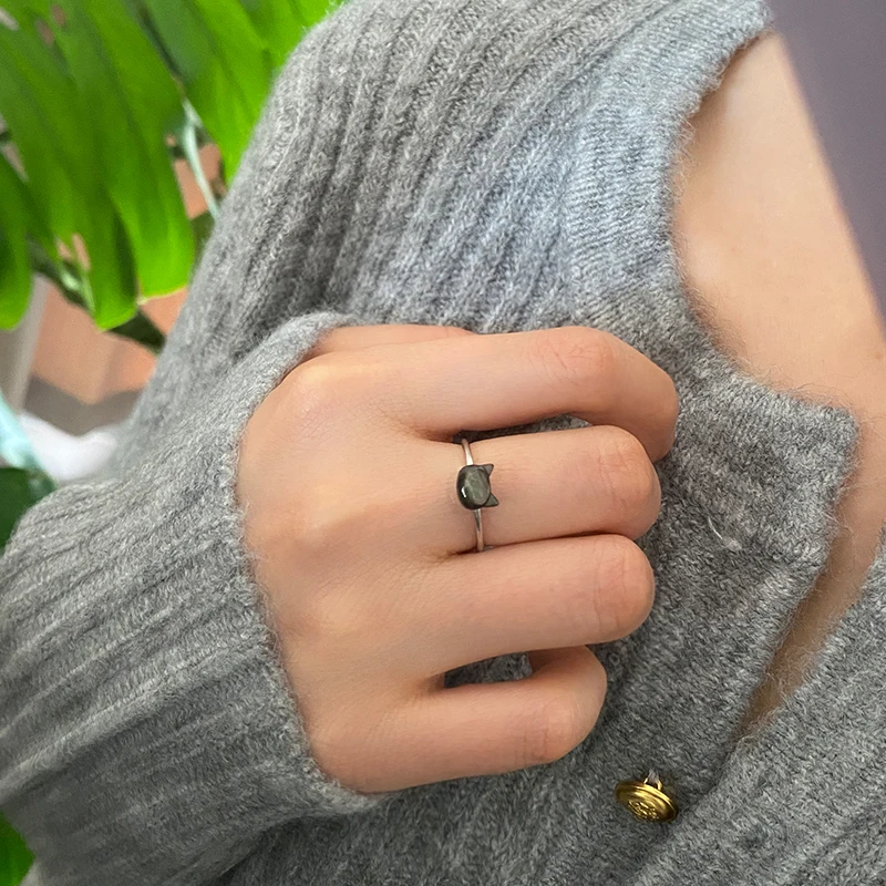 Trendy Natural Shell Black Cat Sterling Silver Ring for Girls Adjustable Jewelry - PeticaDeals