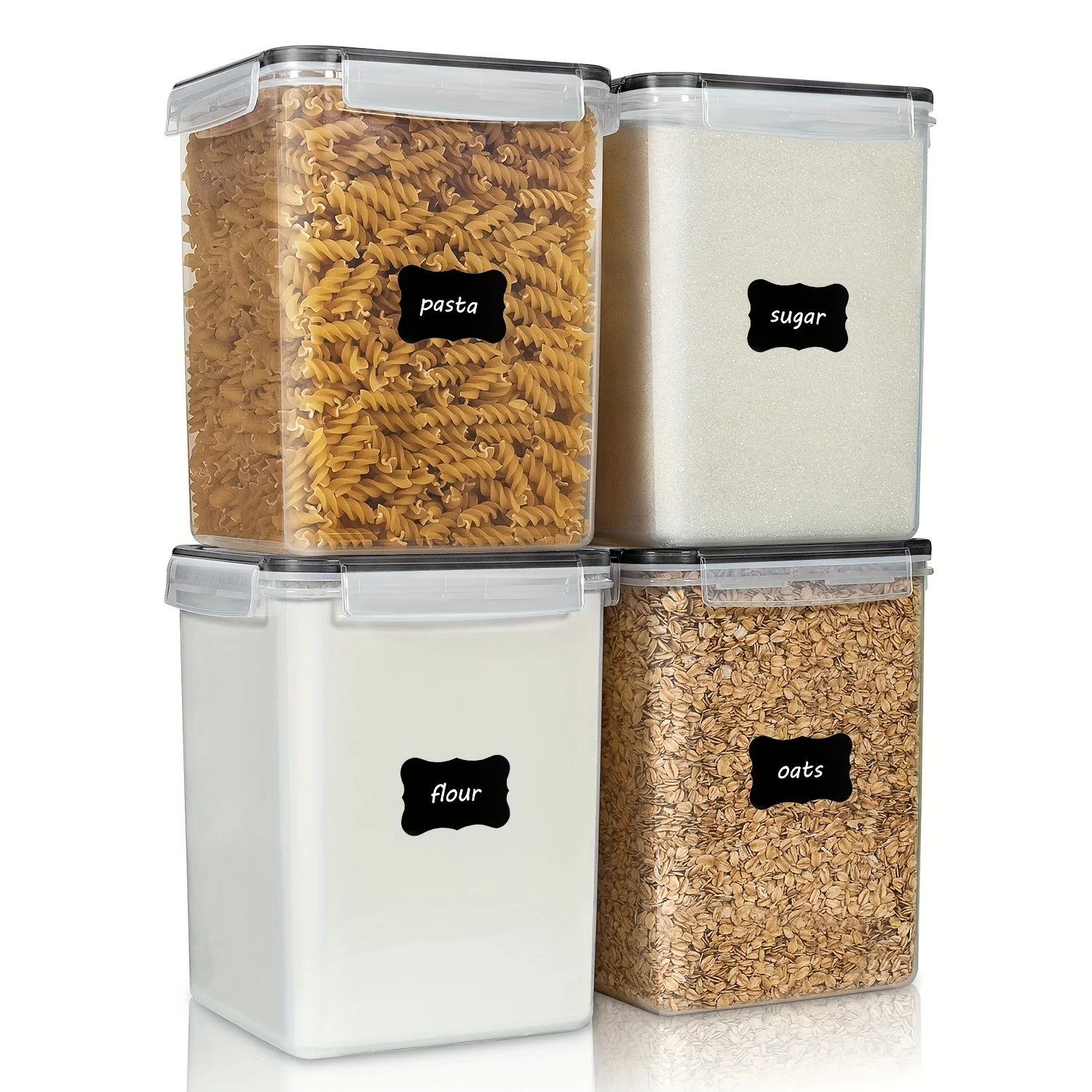 Set of 4 Airtight Jars, Large Containers for Food Storage, Plastic Canisters Suitable for Flour, Sugar, Baking Ingredients, Pas