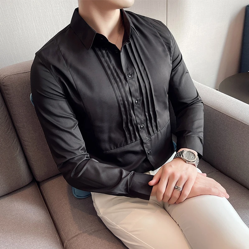 Camisas de vestir de manga para hombre, camisas ajustadas de estilo inglés de lujo, a la moda para las cuatro estaciones, ropa Vintage para fiesta de 4XL - AliExpress